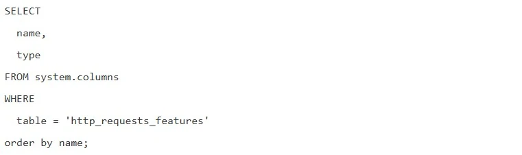SQL que criou todo o problema no Cloudflare: SELECT
  name,
  type
FROM system.columns
WHERE
  table = 'http_requests_features'
order by name;